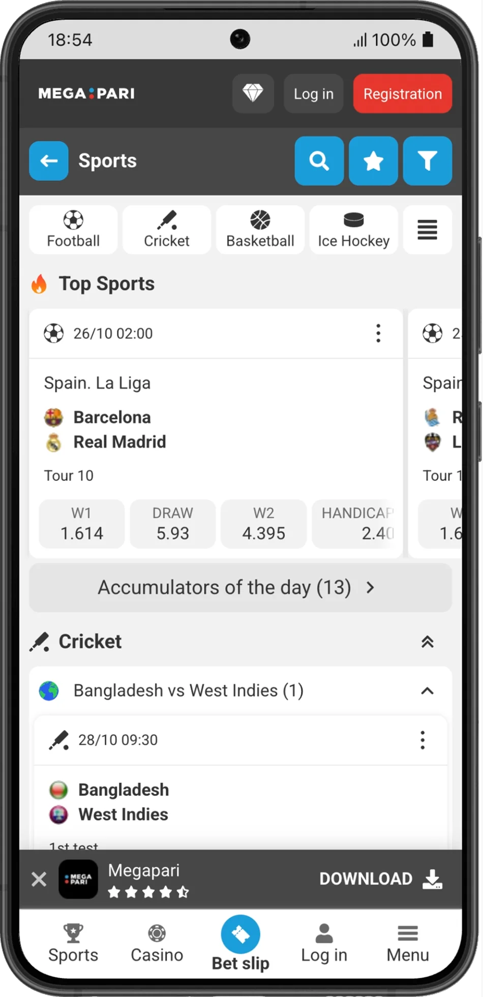 Megapari Android app sportsbook screen with navigation and bet slip