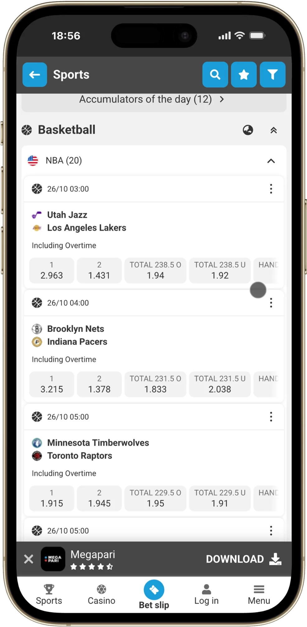 Megapari basketball menu with league list, live fixtures and market row