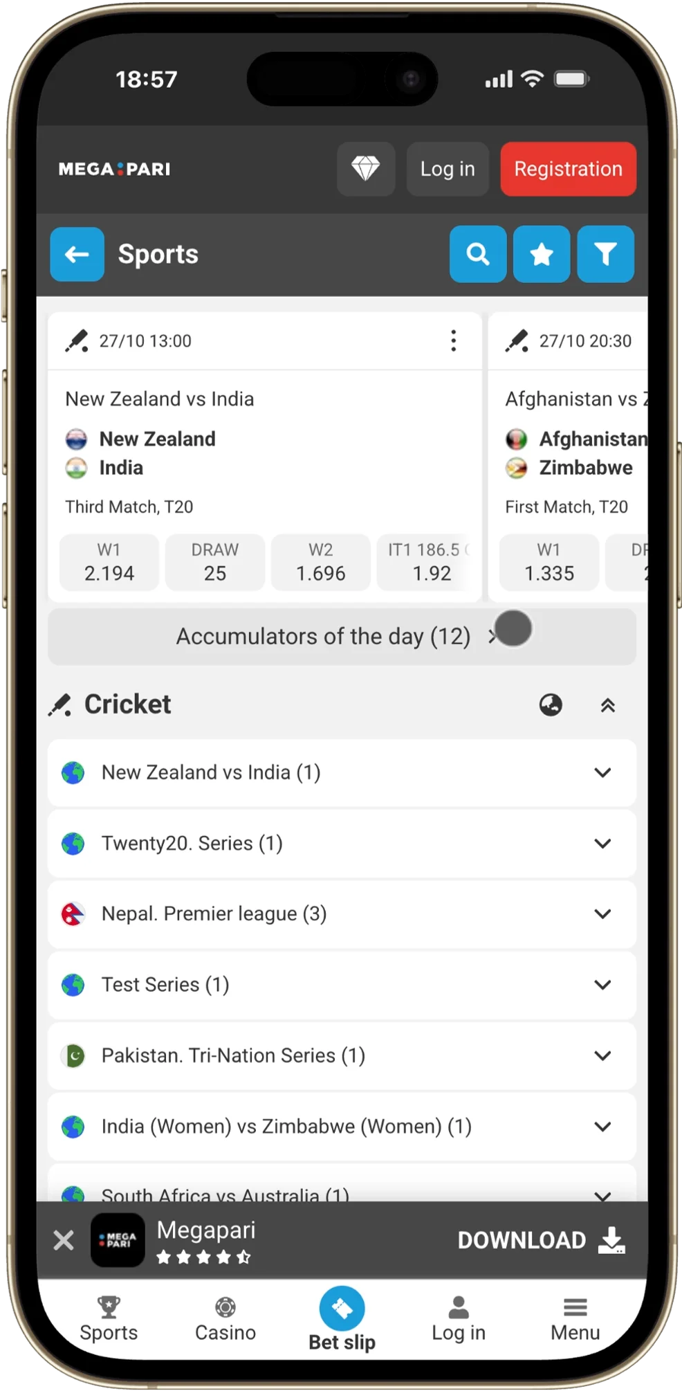 Megapari cricket section with fixture list and match winner market