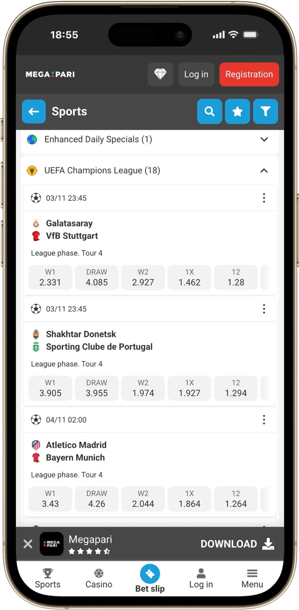 Megapari app on iPhone showing the sportsbook view