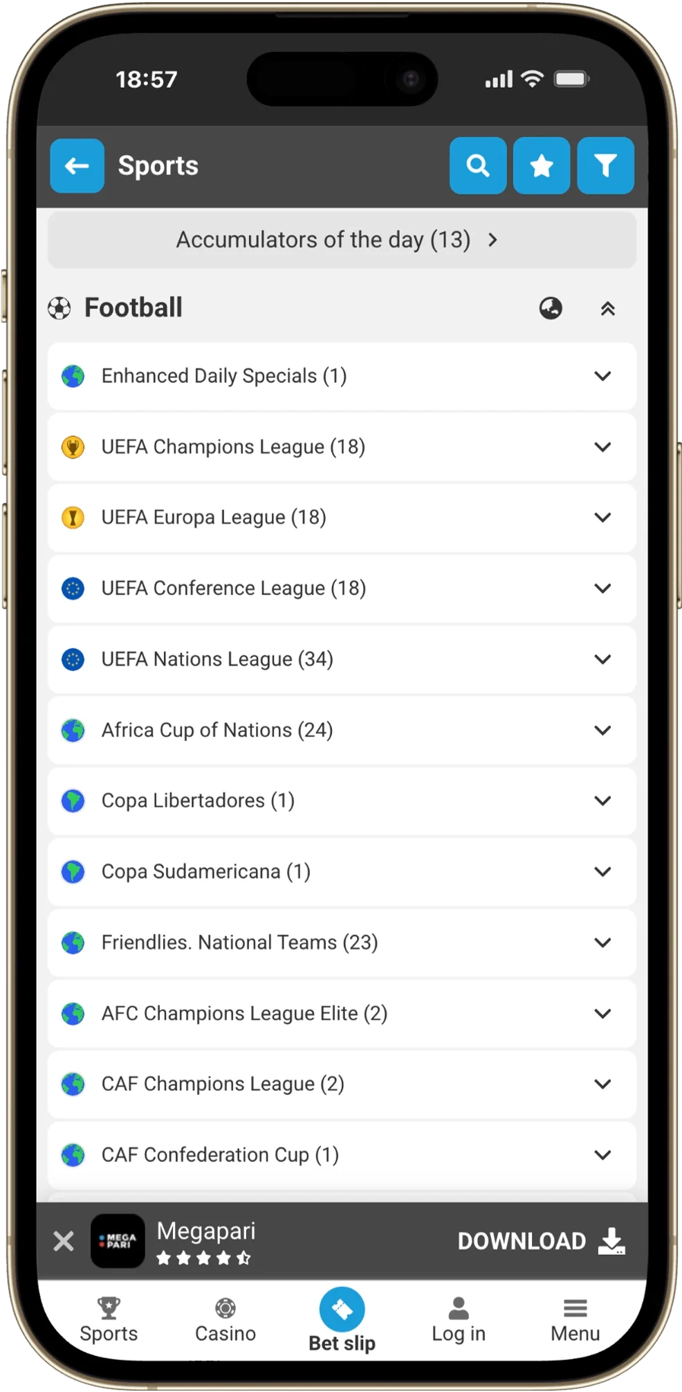 Megapari football menu with league list, fixture rows and market buttons