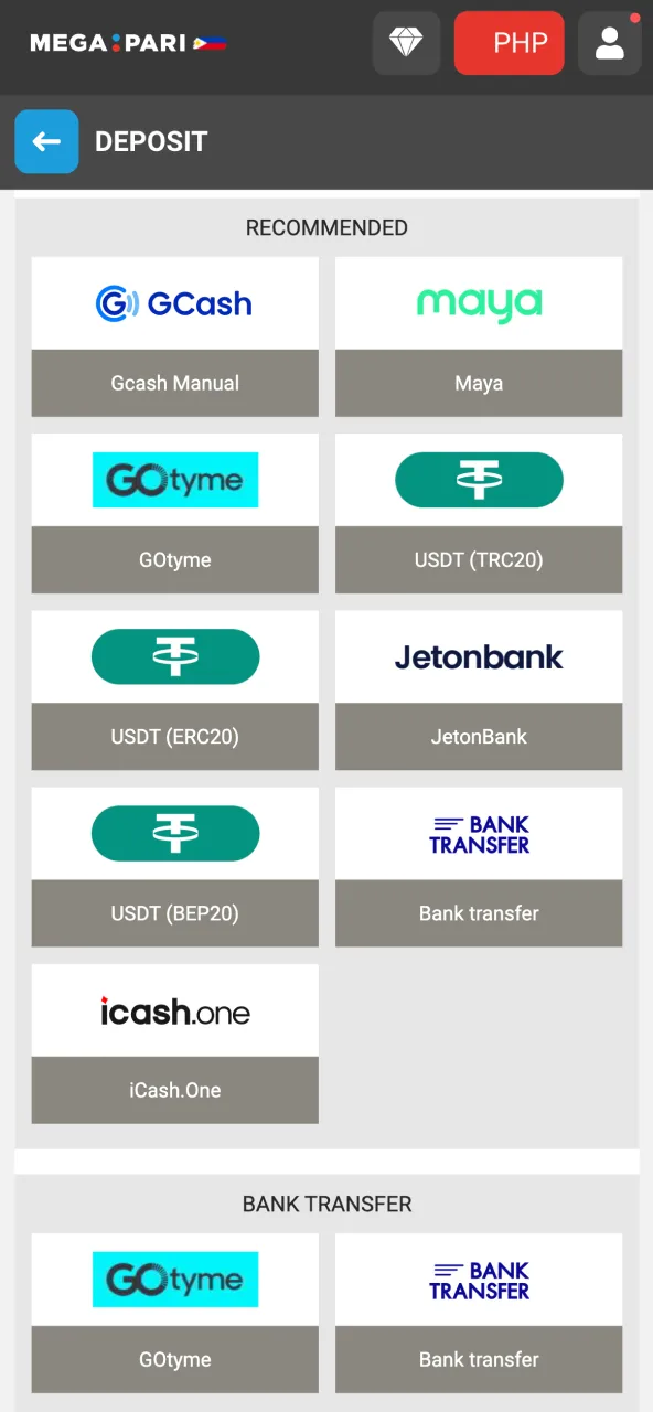 Deposit securely at Megapari with PHP payments through GCash or Maya.