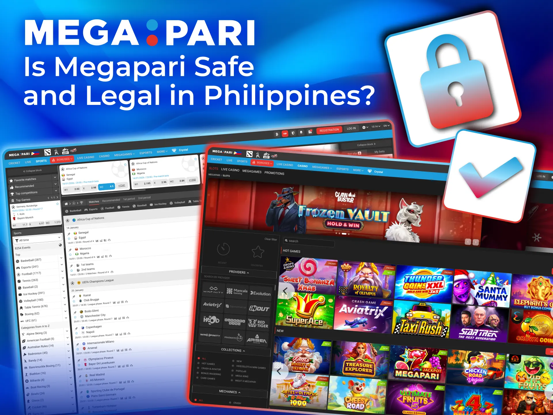 Megapari operates under international license with SSL protection for Filipino players.