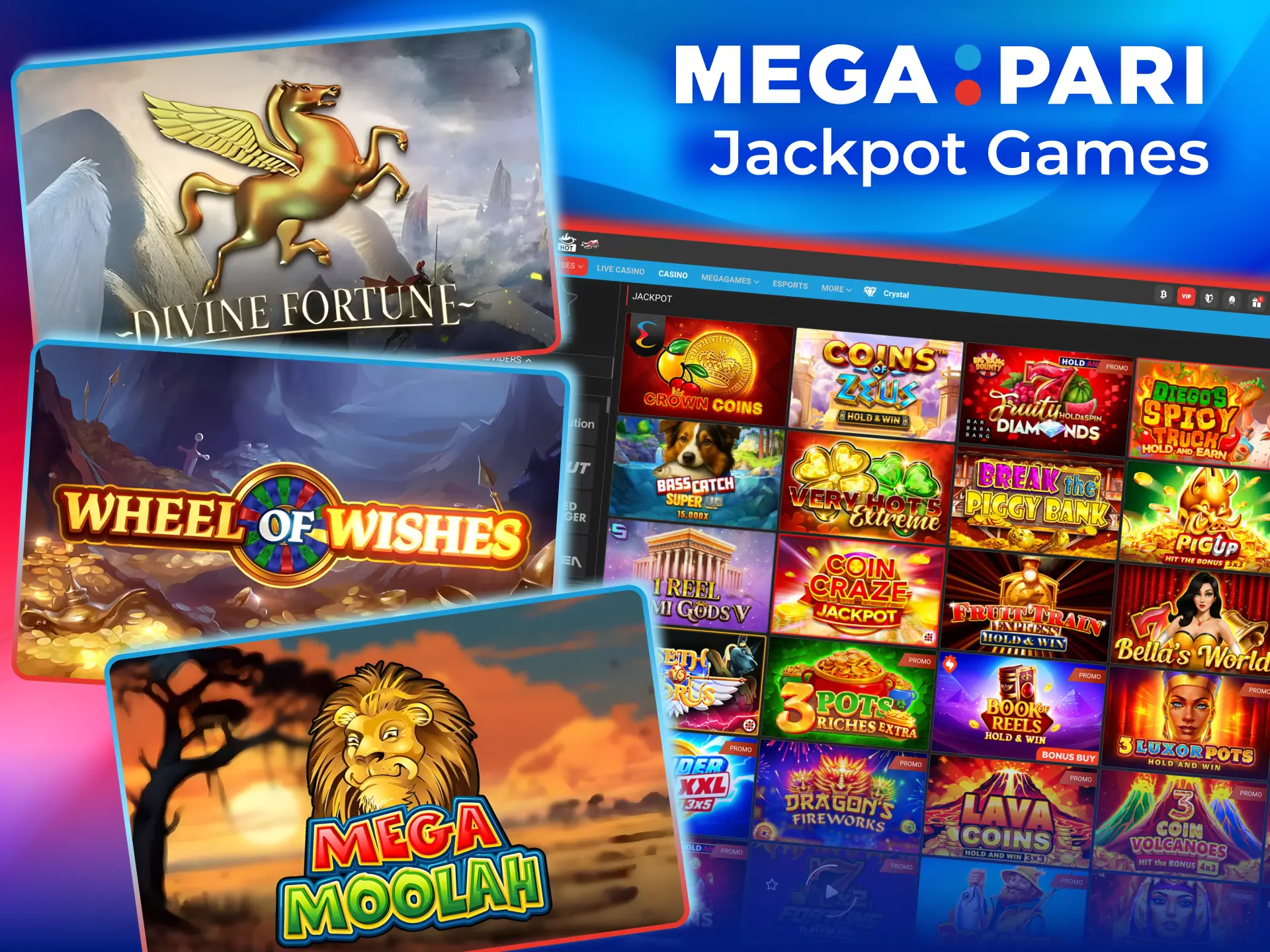 Play Megapari jackpot slots like Mega Moolah, Divine Fortune, and Age of the Gods.