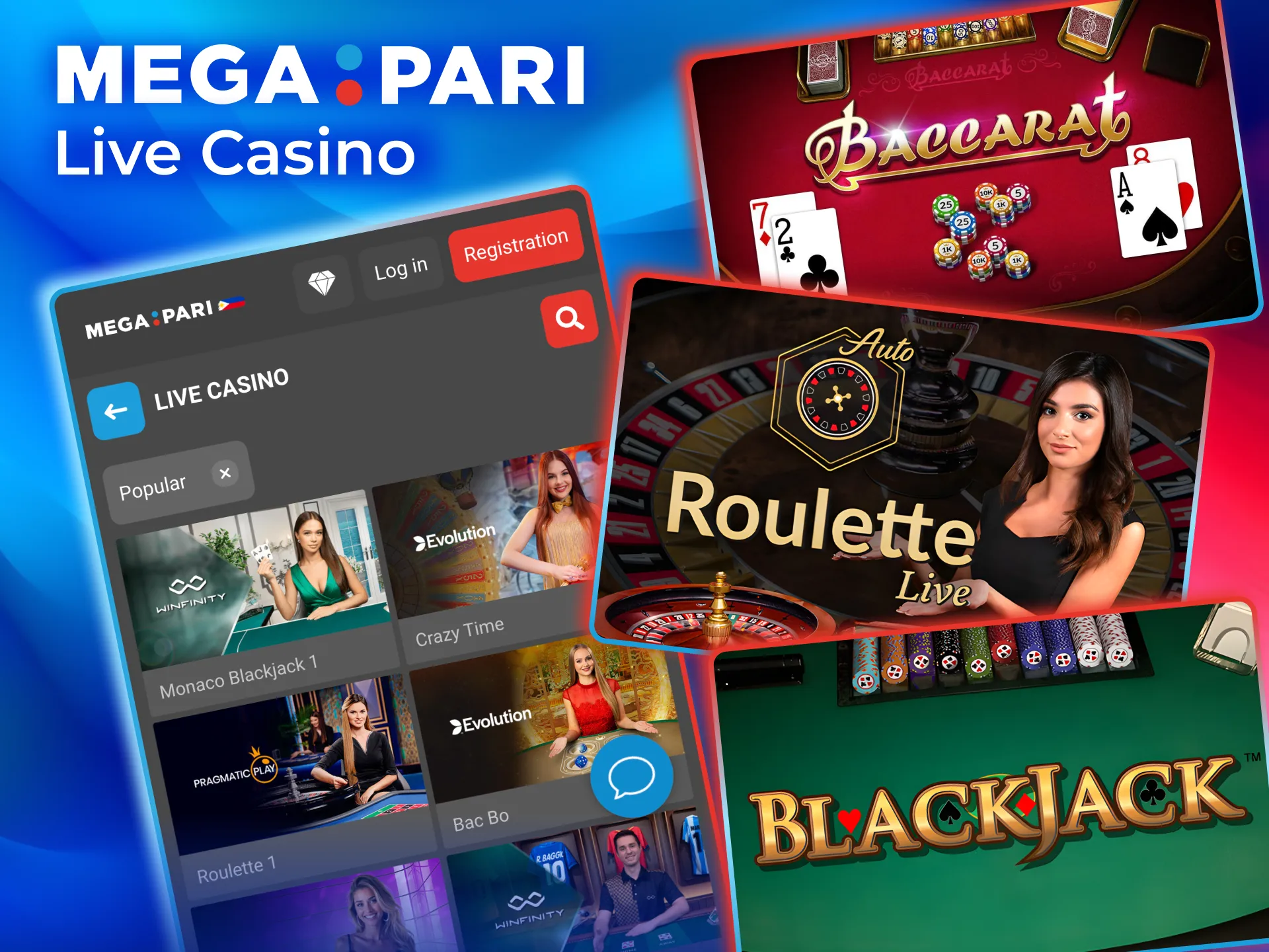 Play Megapari Live Casino with real dealers, roulette, blackjack, and baccarat tables.