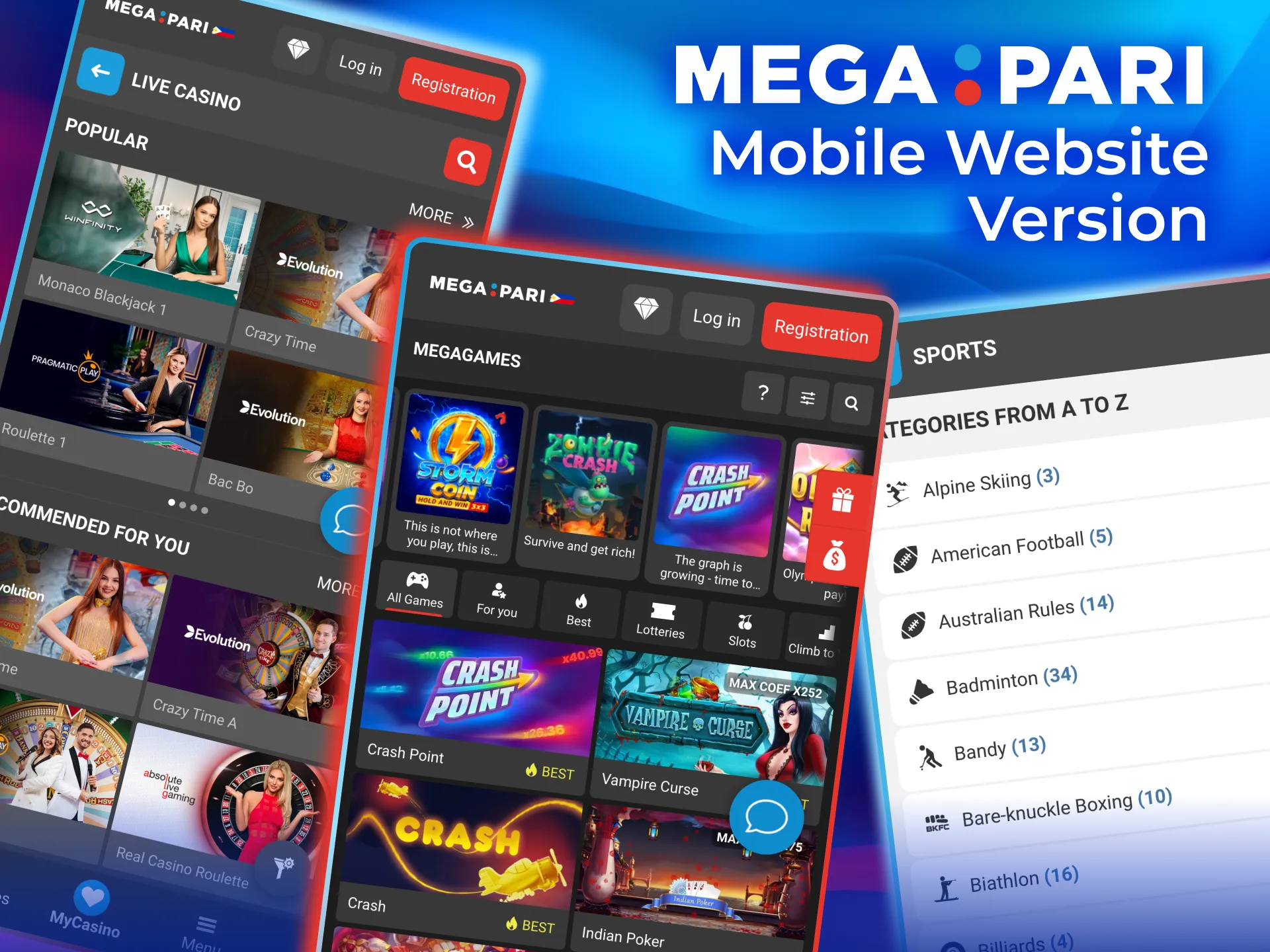 Megapari mobile version works smoothly on iOS and Android with low data.