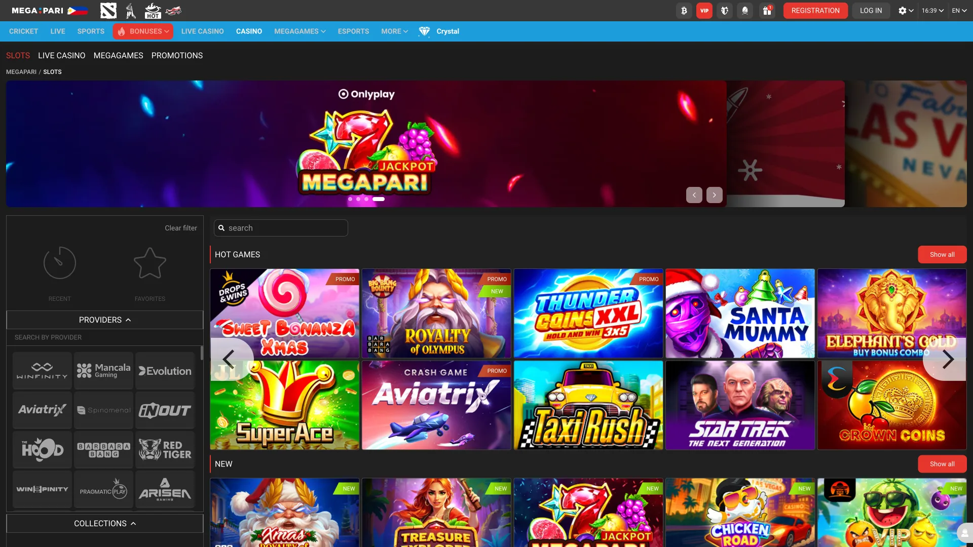 Megapari casino section showing wide selection of slots and table games.