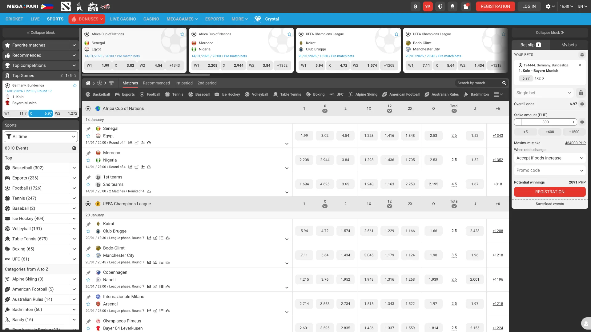 Explore Megapari homepage with quick access to games, sports, and promotions.