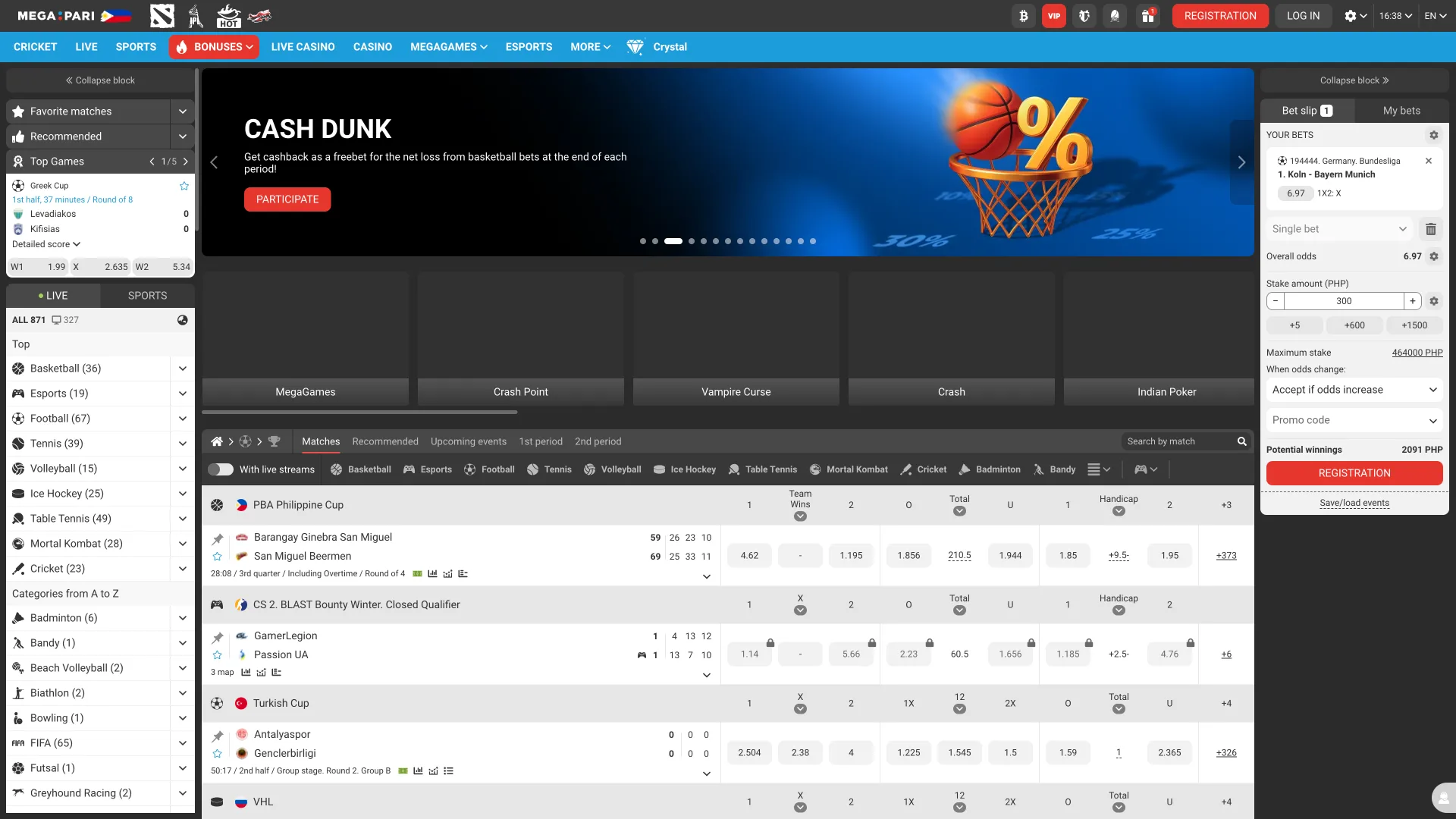 Sports section of Megapari highlighting odds, fixtures, and in-play betting.