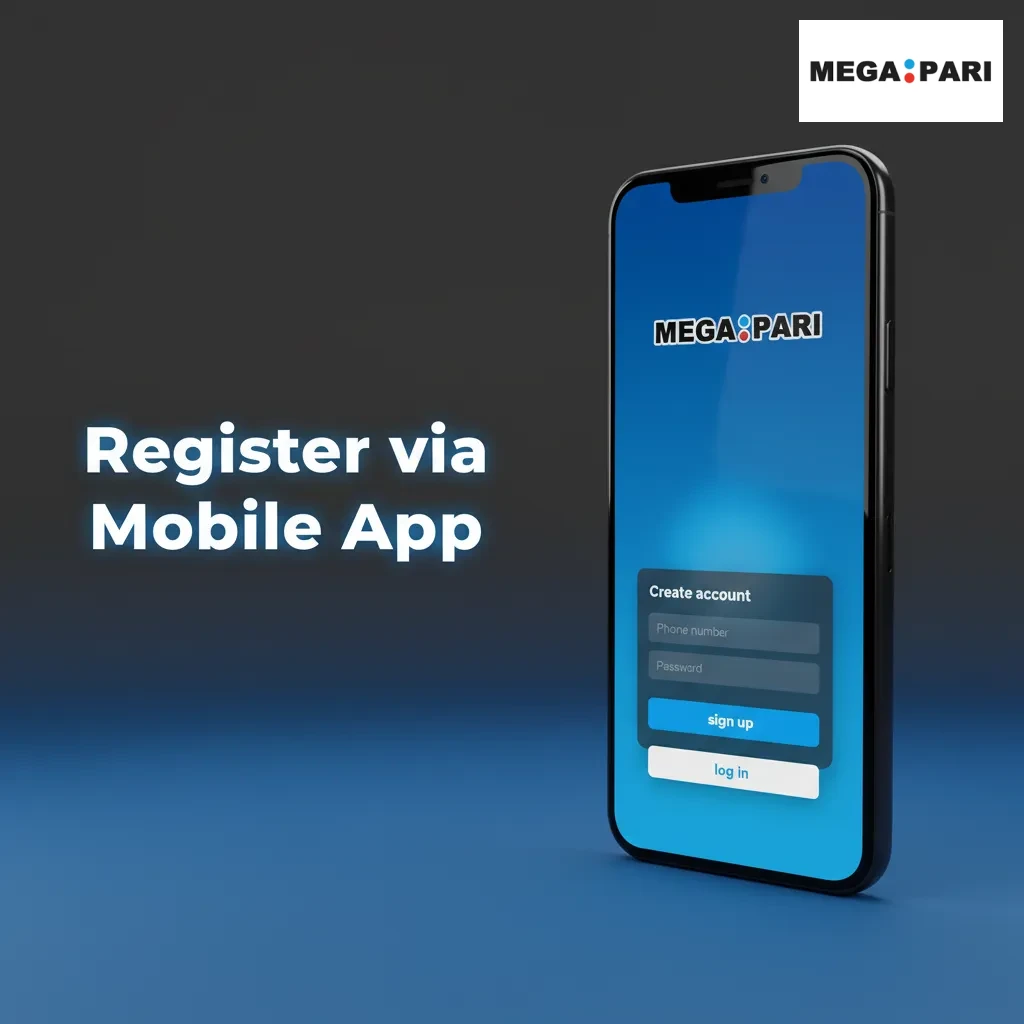 Phone screen showing Megapari app Register page with options: Phone, Email, Social, One‑Click; iOS PWA on Home Screen.
