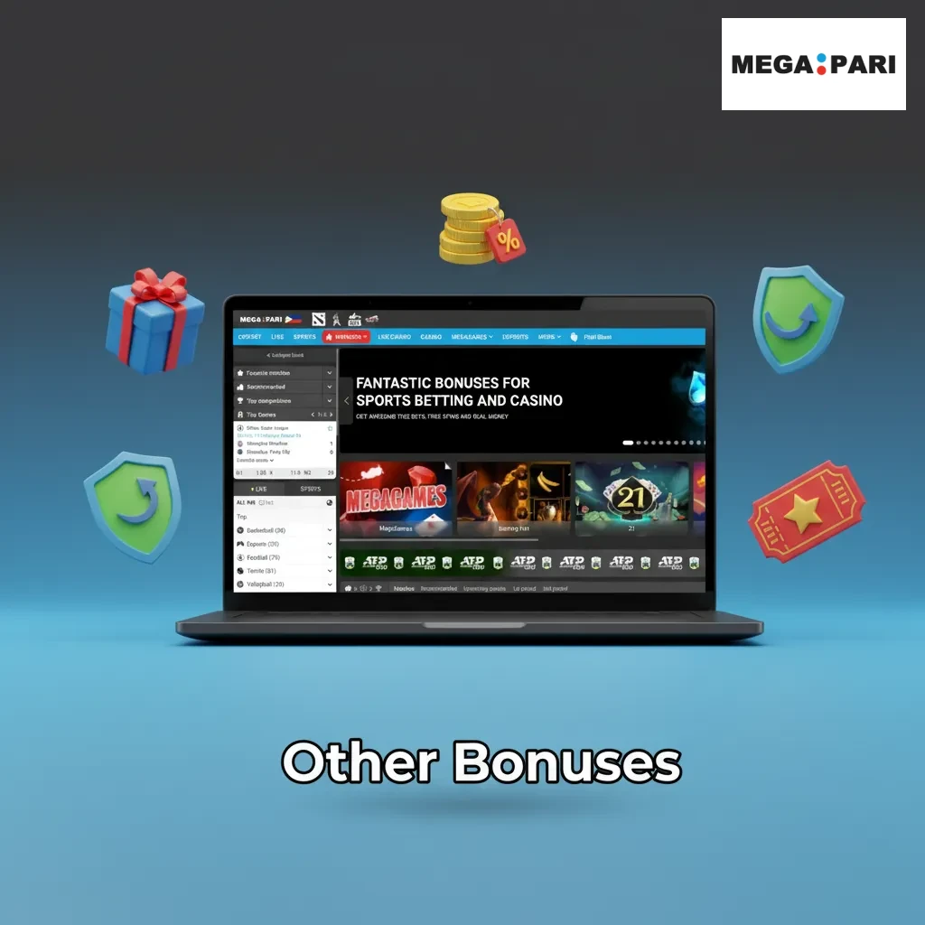 Graphic listing MegaPari bonuses: weekly reload, free spins, cashback, sports accumulator boost, and VIP loyalty tiers.