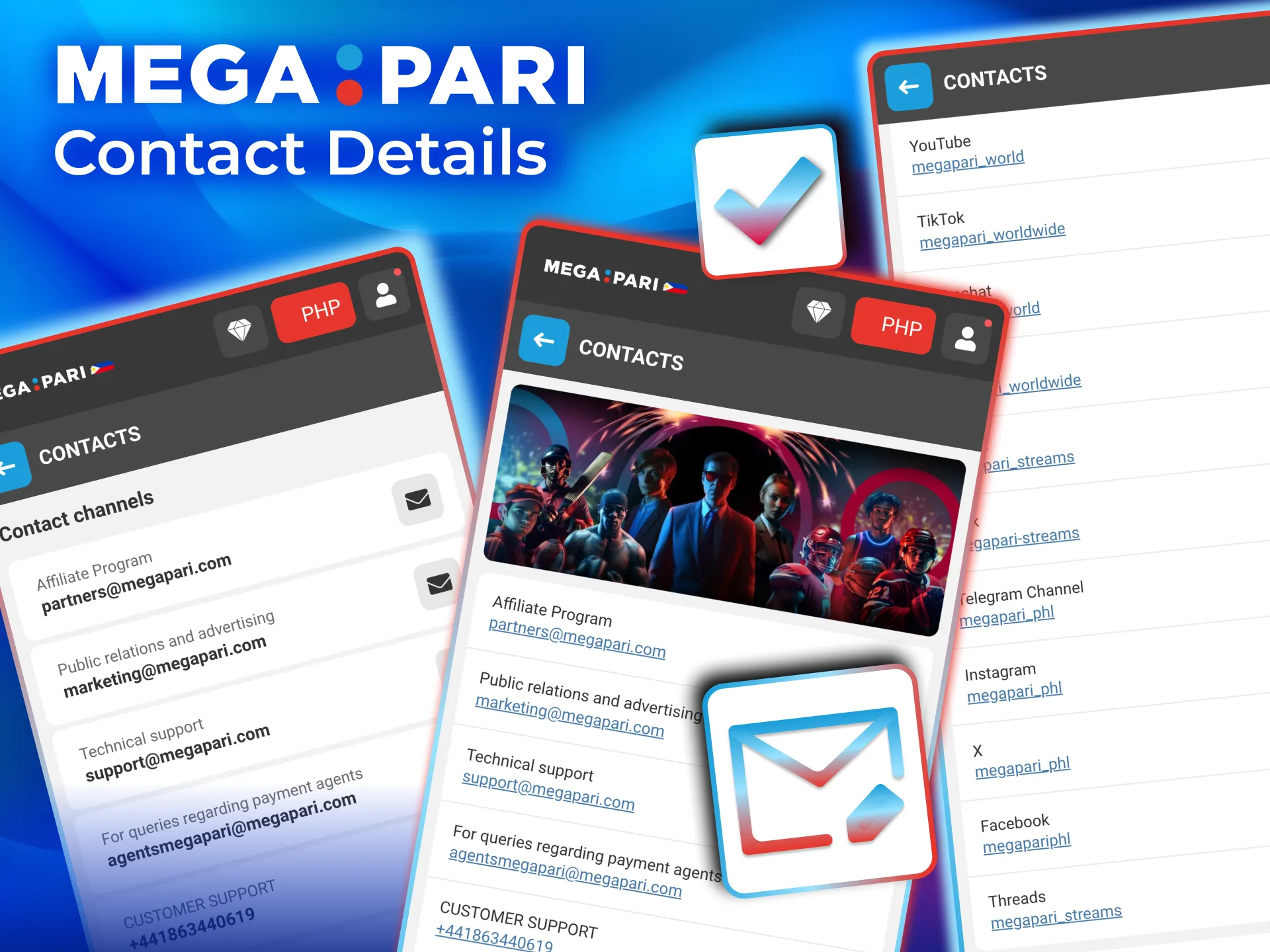Contact Megapari anytime through chat email or social channels.