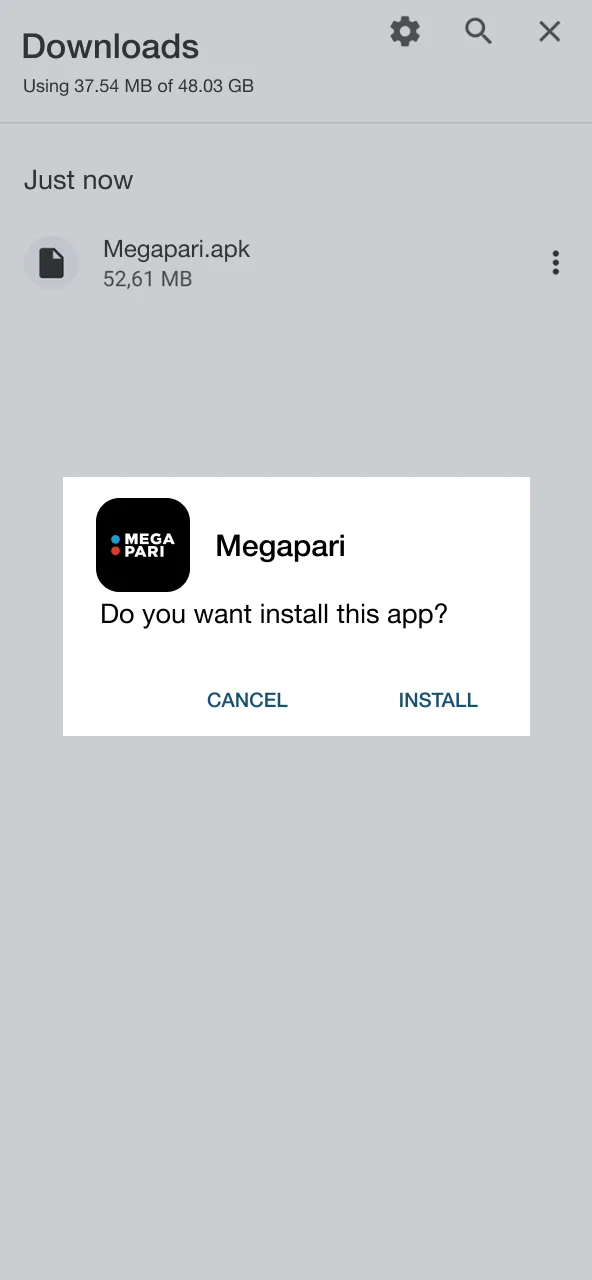 Open Megapari APK in notifications and tap Install to complete setup.