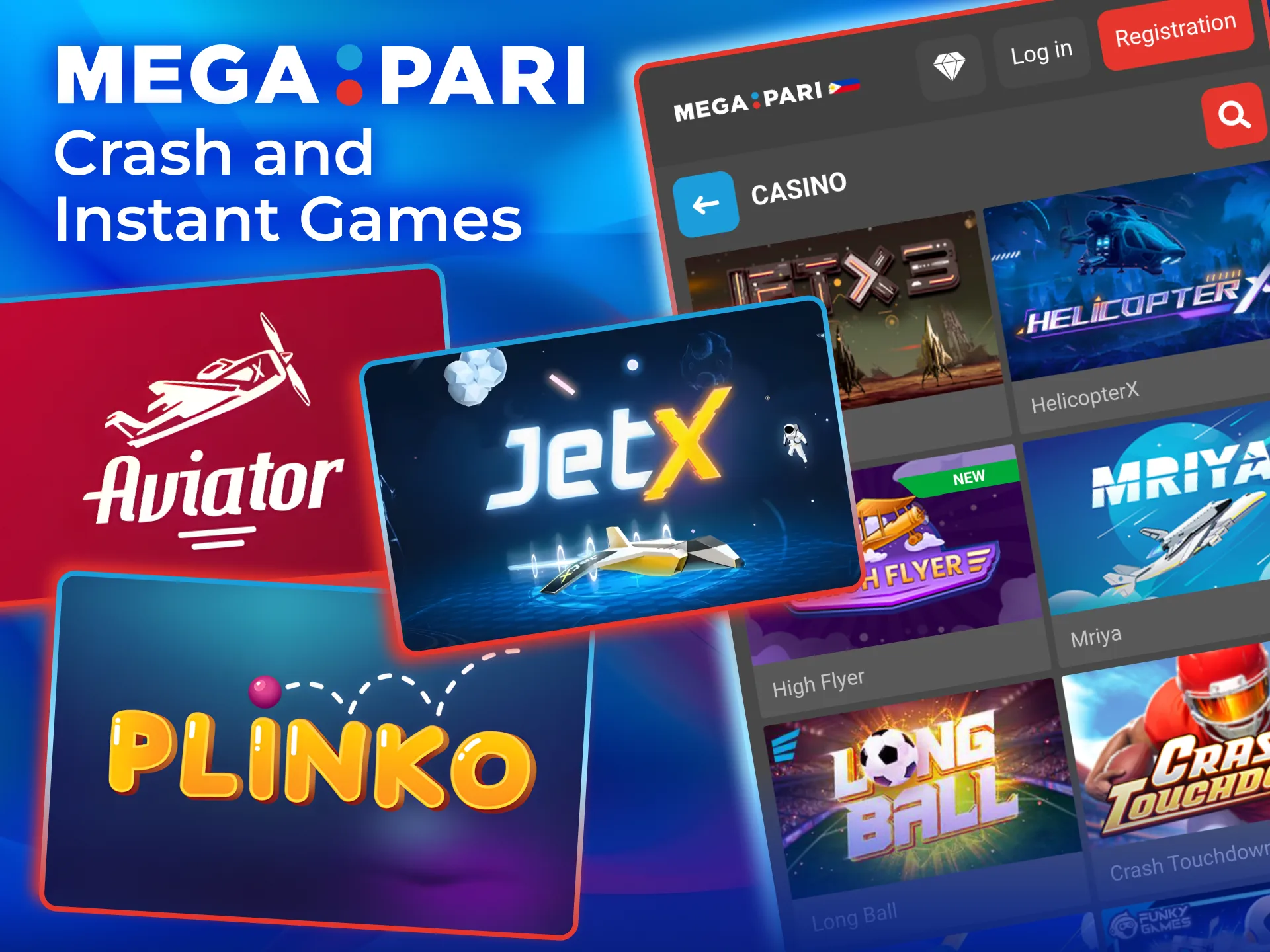 Megapari crash games feature Aviator, Spaceman, JetX, Mines, and Plinko.