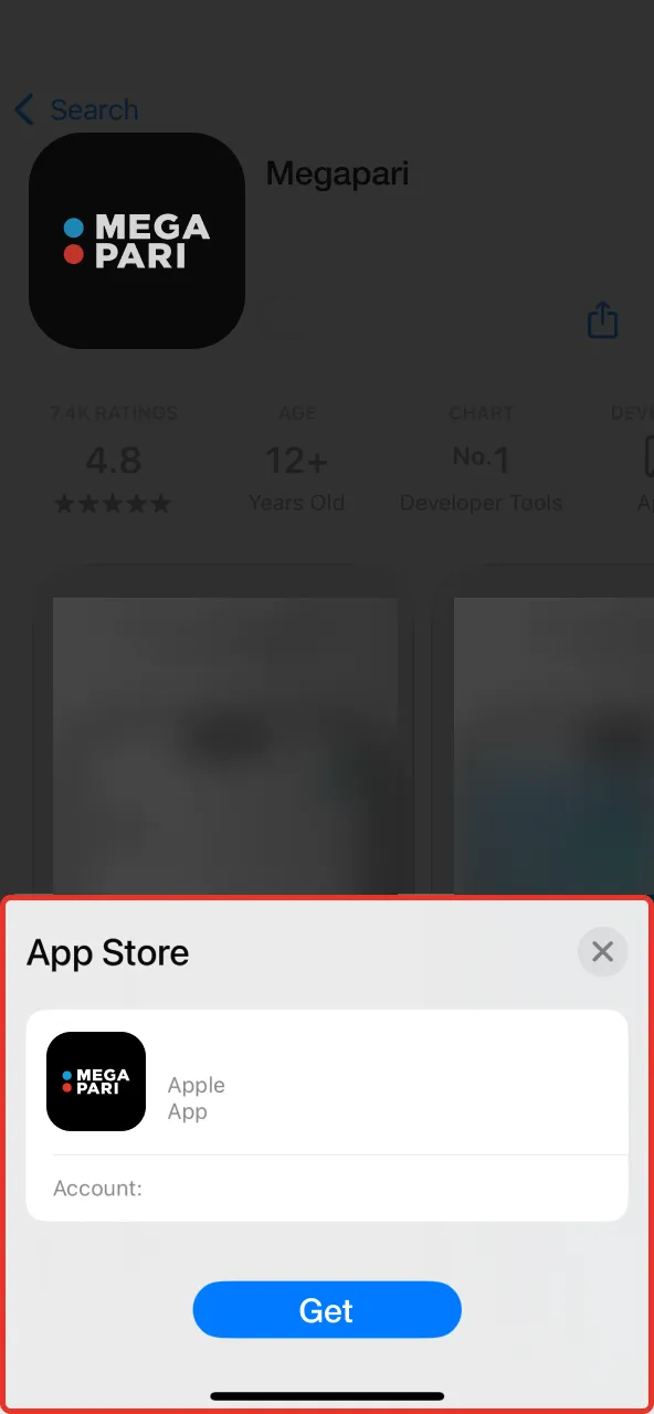 Press Install and verify Megapari app download using Apple ID authentication.
