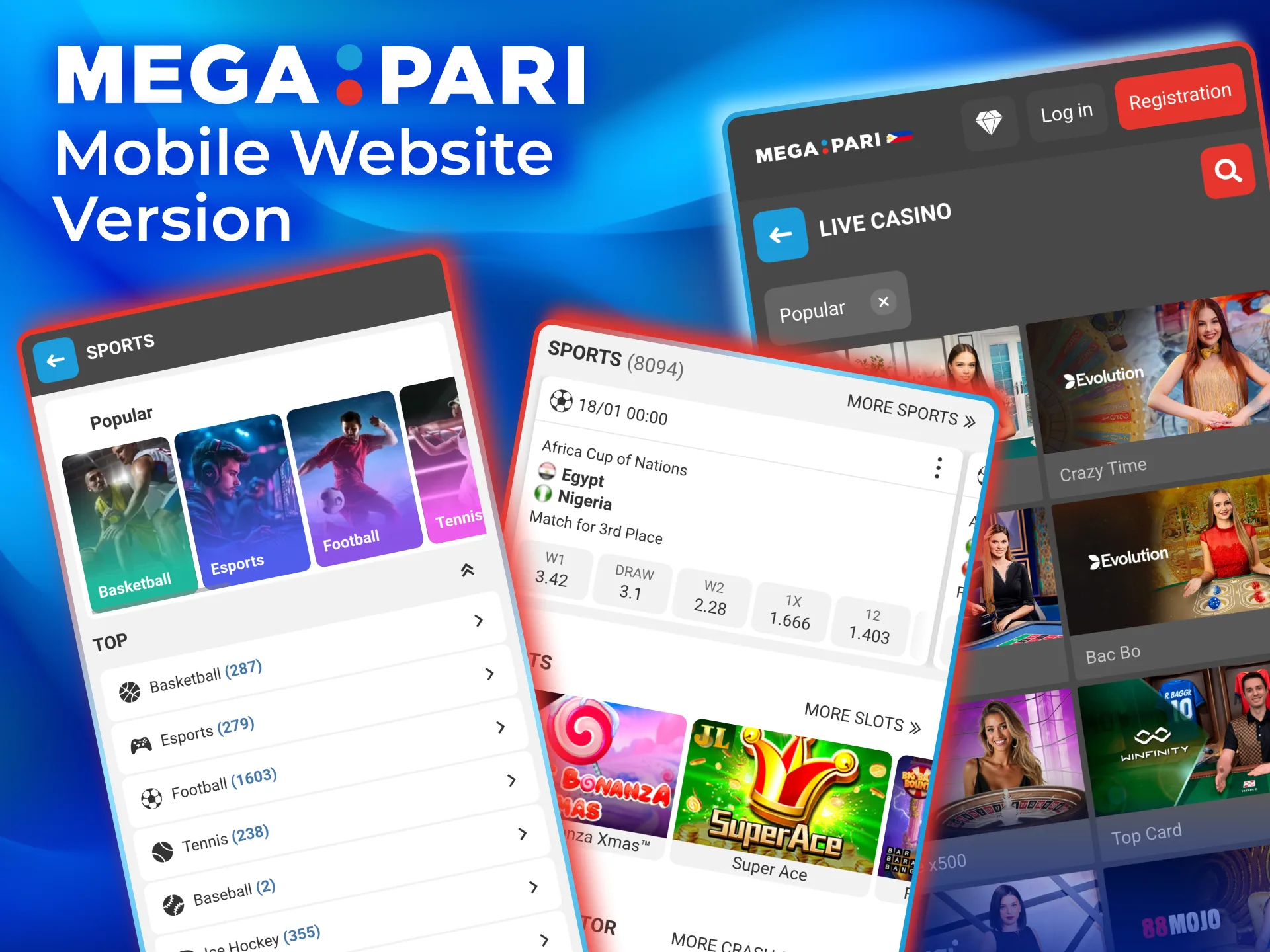 Megapari mobile website offers betting and casino play without installation.