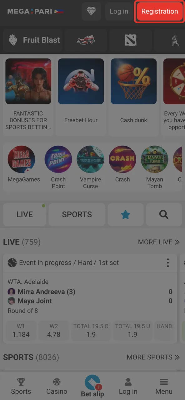 Choose Registration and select phone, email, or one‑click to join Megapari.