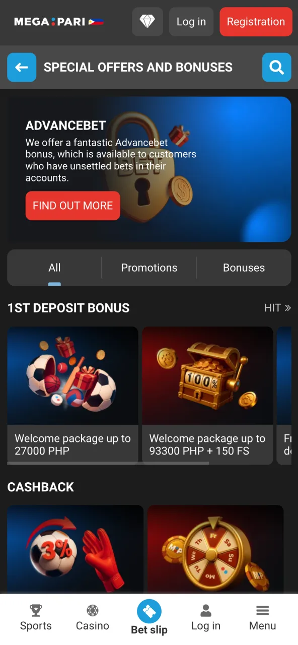 Megapari app promotions and bonus offers.