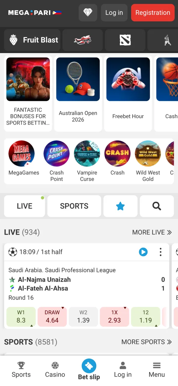 Megapari mobile app main homepage view.