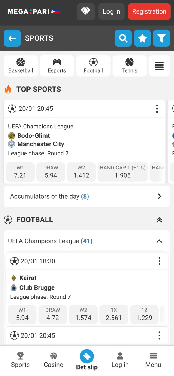 Megapari sports section with betting options.