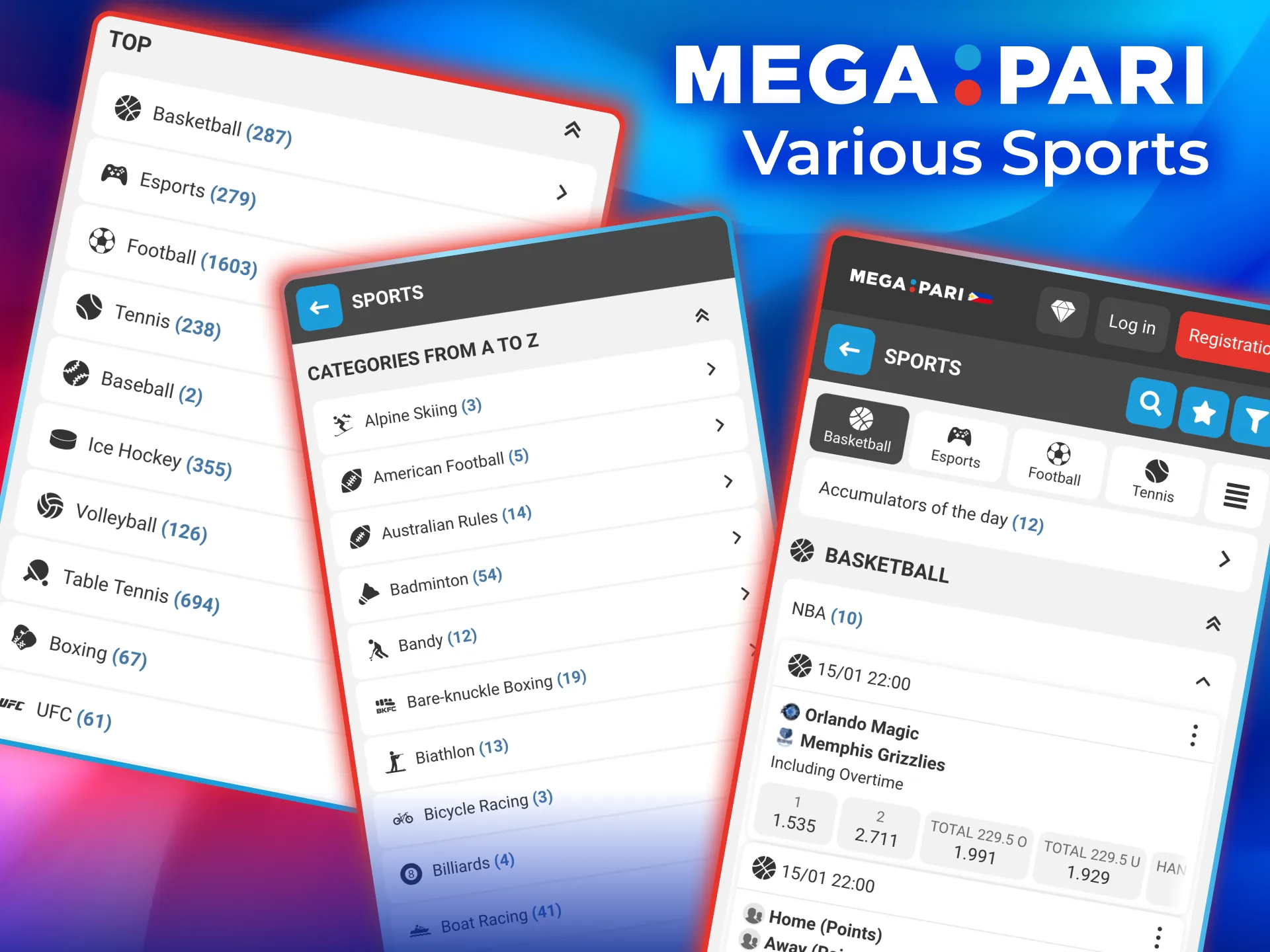 Megapari app covers basketball, football, tennis, esports, and live betting.