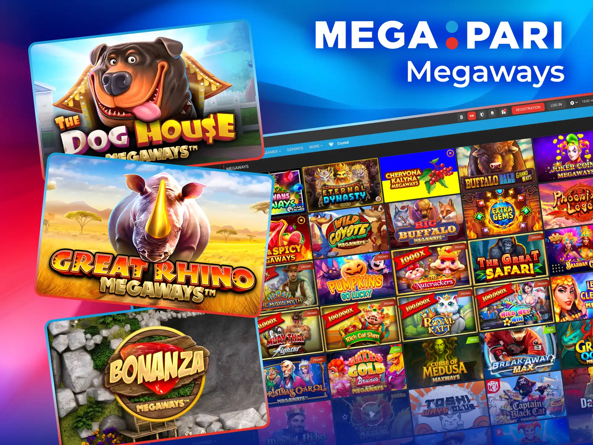 Play Megapari Megaways slots including Great Rhino, Buffalo King, and Big Bass.