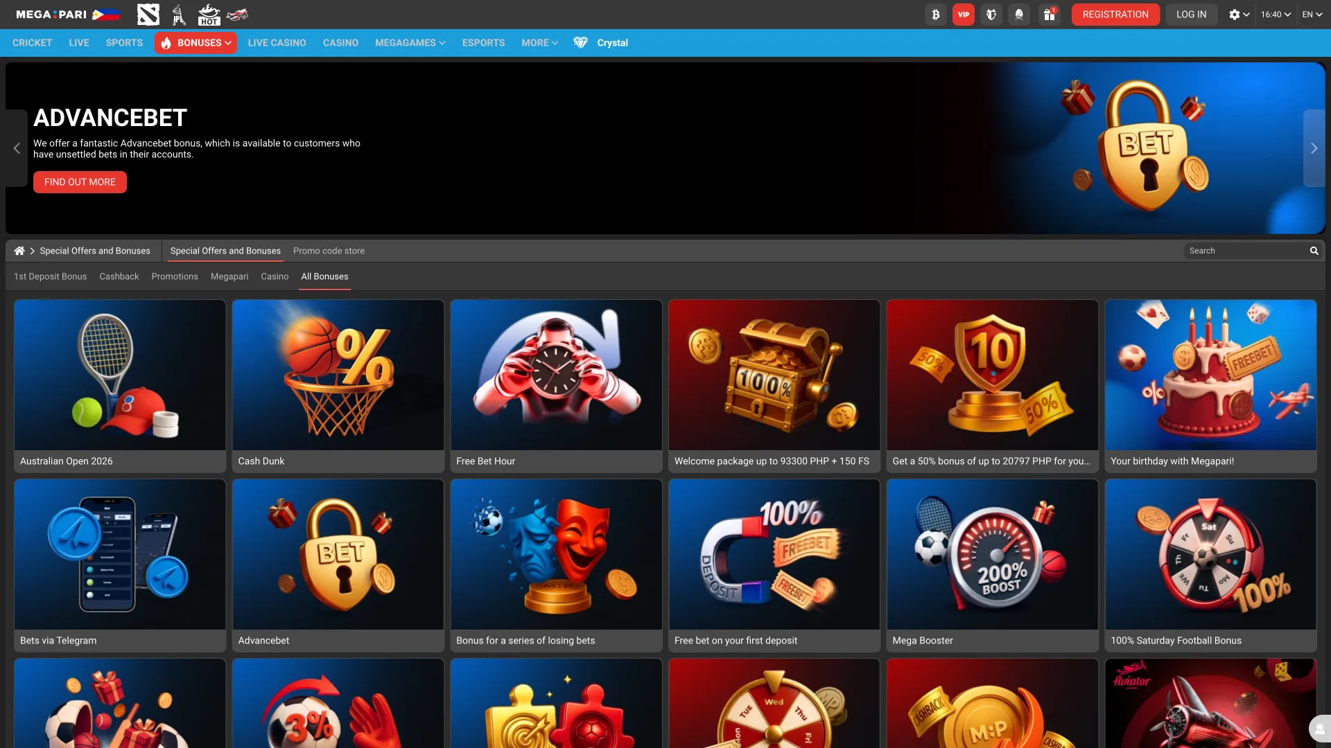 Megapari promotions page showing welcome bonuses, free spins, and cashback offers.