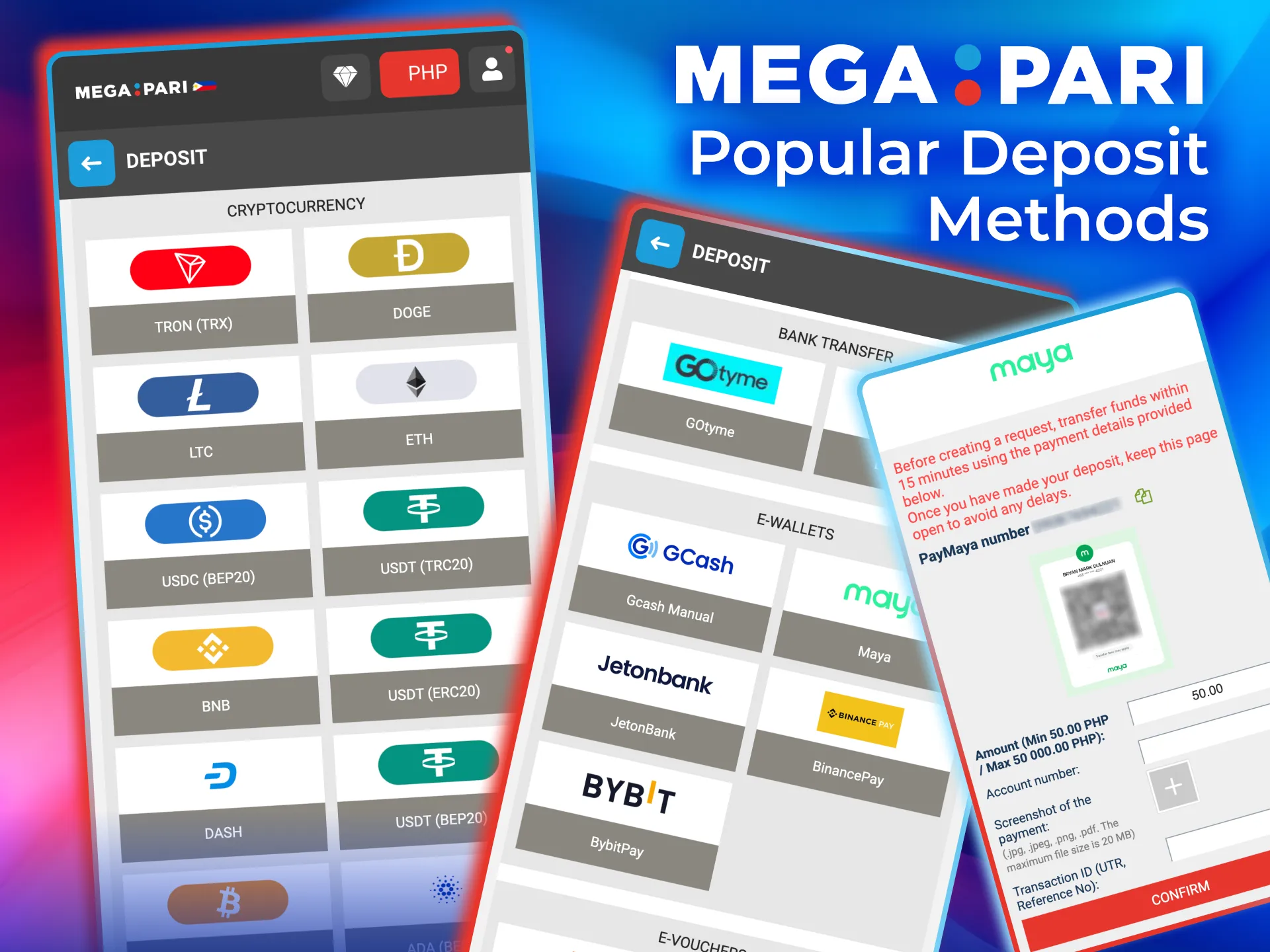 Megapari offers popular deposit options like GCash, GOtyme, and crypto for easy funding.