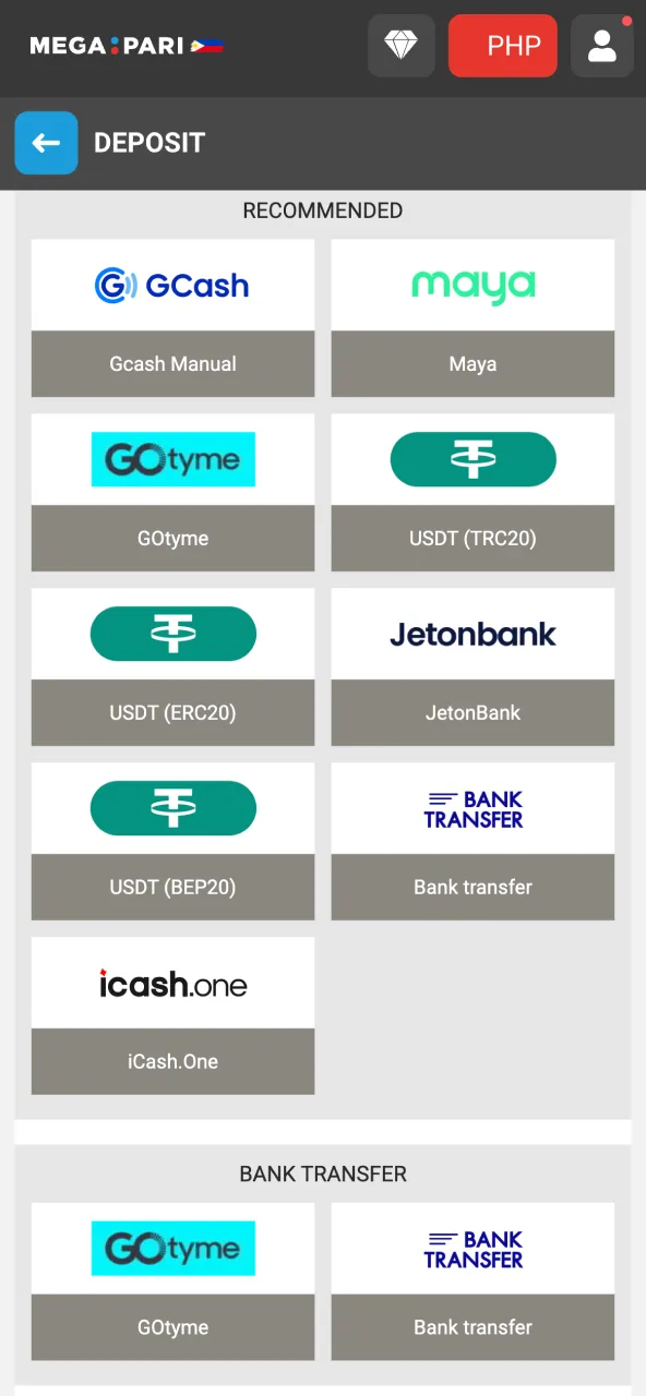 Access Cashier on Megapari, select Deposit, and choose a payment option that works with PHP.