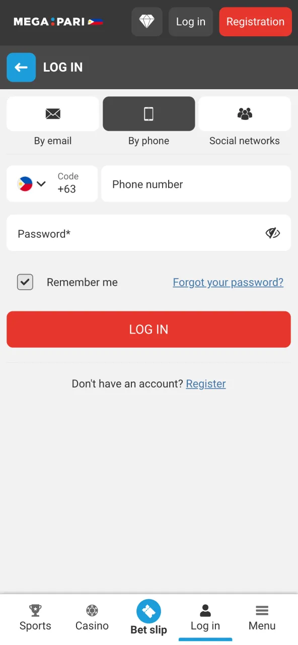 Log in to Megapari with your email or phone and select the Philippines as your location.