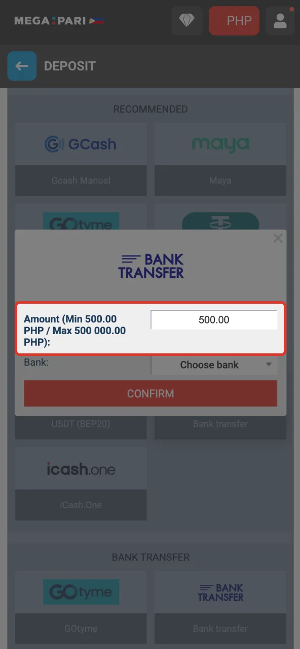 Input your deposit amount on Megapari.