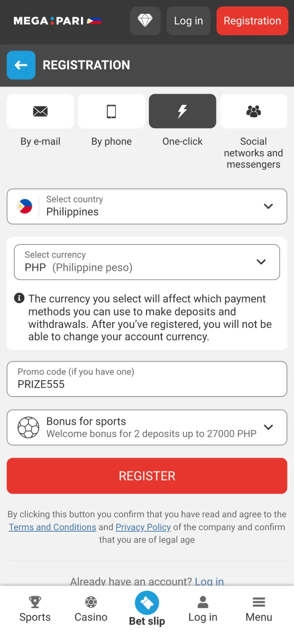 On Megapari, tap Sign Up, enter your info, select currency, and apply the promo code.