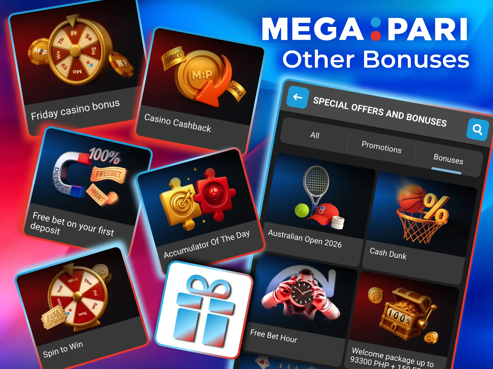 Megapari features deals like Friday Casino Bonus, Sports Cashback, and Accumulator of the Day.