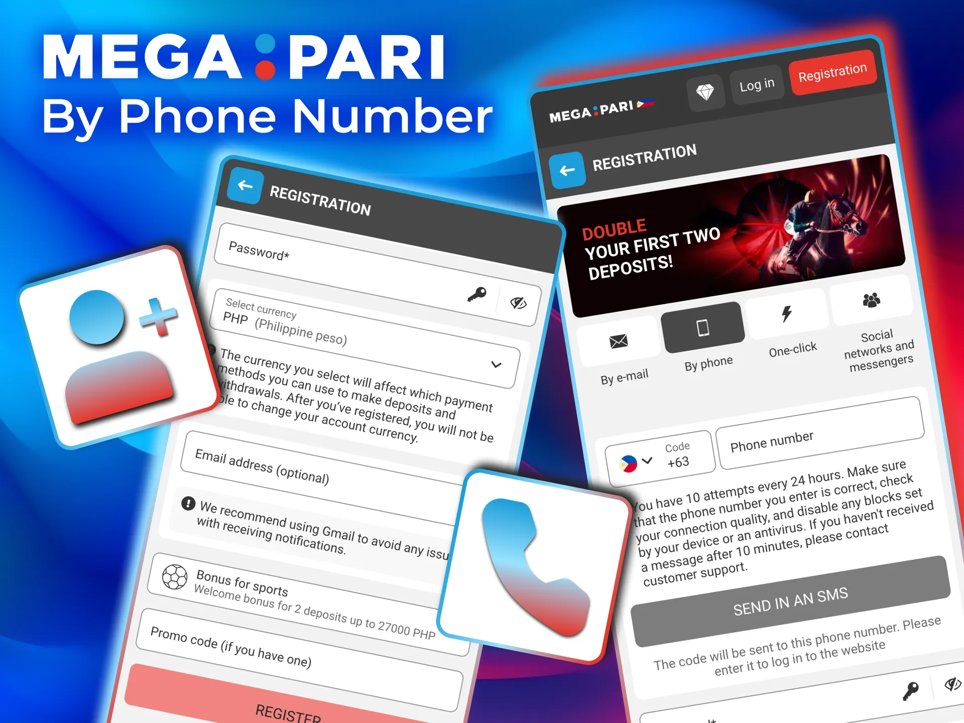 Create your Megapari account by phone number, enter the SMS code, and choose your currency.