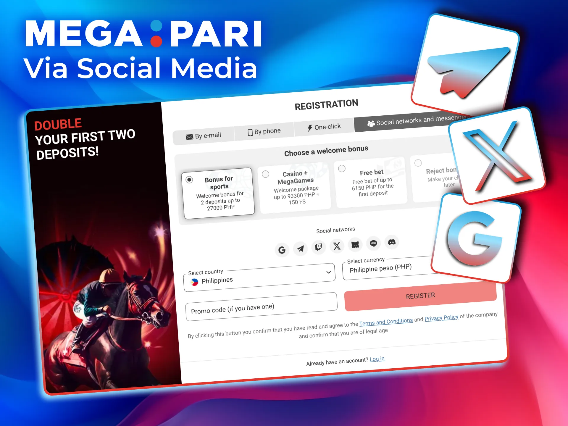 On Megapari, use Google or Facebook to register, confirm your details, and complete the process.